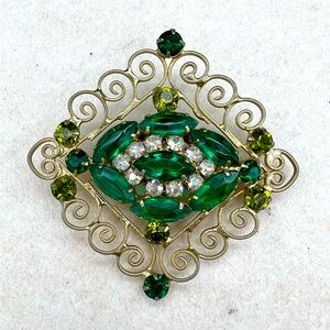 Vintage Estate Large Open Scroll Work Gold Tone Green Rhinestone Brooch